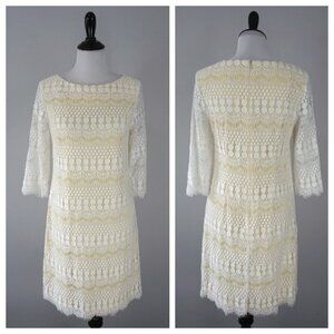 Jessica Howard White Yellow Knit Lace 3/4 Sleeve Shift Sheath Dress Size 10